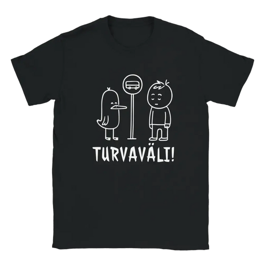 Musta lyhythihainen T-paita, valkoinen lintti, bussipysäkkimerkki ja henkilö, teksti TURVAVÄLI!