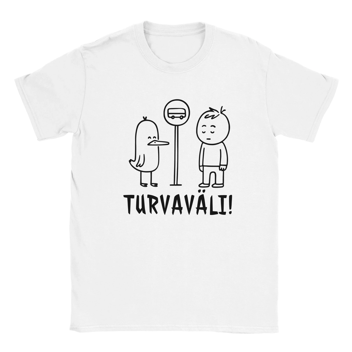 Valkoinen lyhythihainen T-paita linnuilla ja ihmisellä pysäkillä Finnish tekstillä