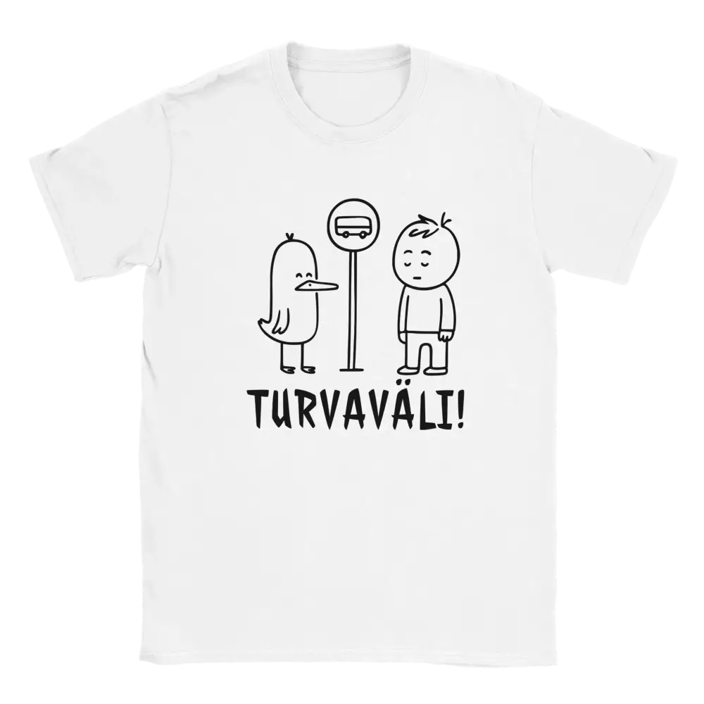 Valkoinen lyhythihainen T-paita linnuilla ja ihmisellä pysäkillä Finnish tekstillä