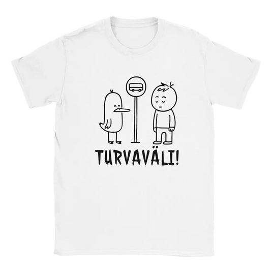 Valkoinen lyhythihainen T-paita linnuilla ja ihmisellä pysäkillä Finnish tekstillä