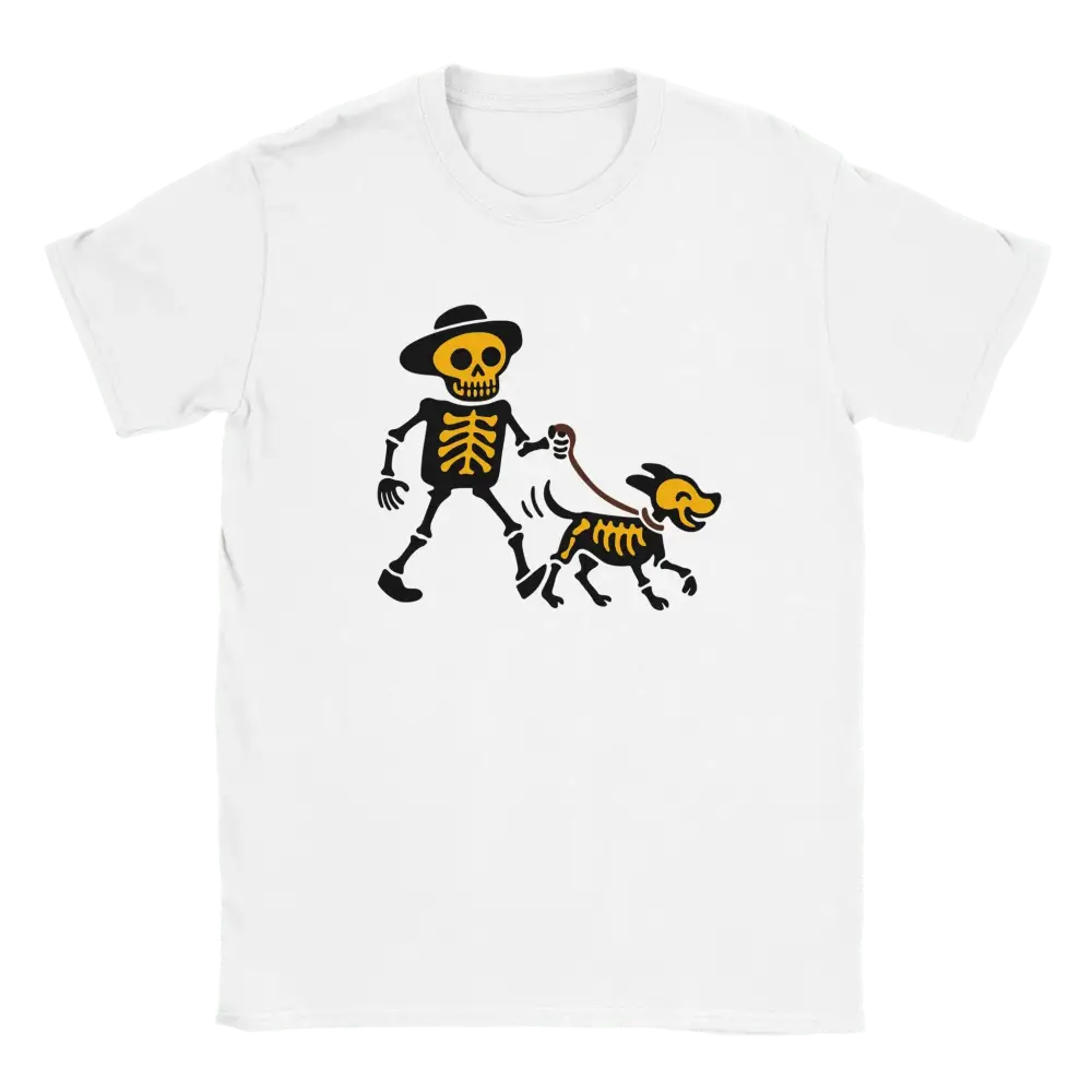 Valkoinen lyhythihainen T-paita Skeleton Walking Skeleton Dog -designilla Loppuun Asti