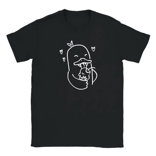 Musta T-paita valkoinen ankka syö jäätelöä, nimeltä Love At First Bite - T-paita