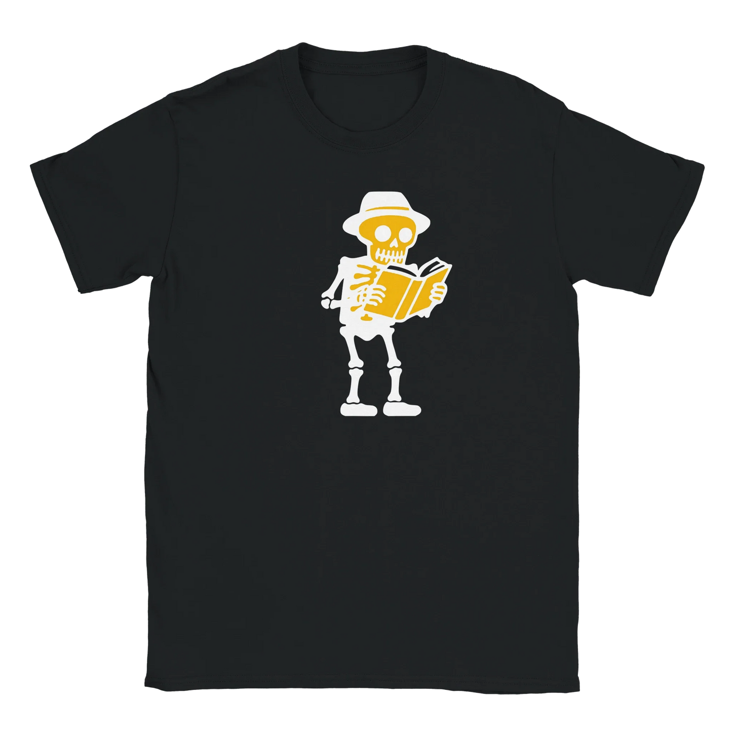 Mustavalkoinen T-paita Skeleton lukee kirjaa design Lukenut T-paita