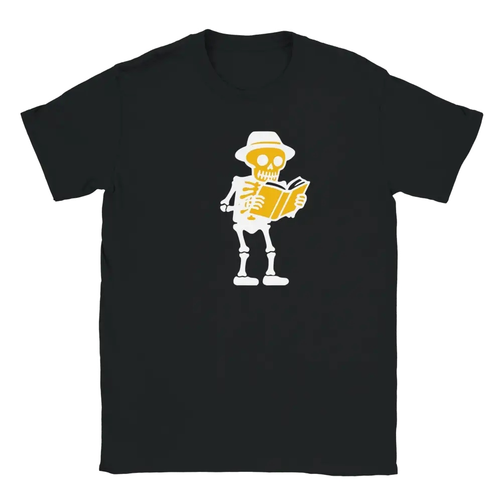 Mustavalkoinen T-paita Skeleton lukee kirjaa design Lukenut T-paita