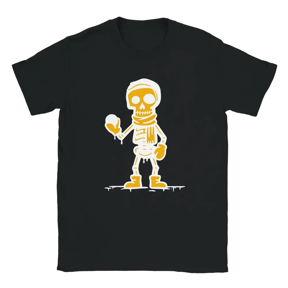 Lumisota T-paita mustavalkoinen t-paita karikatyyriskelellä hatussa ja käsineissä