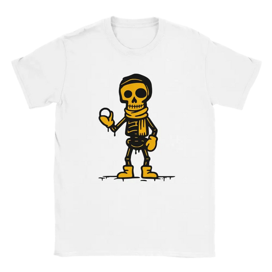 Lumisota T-paita valkoinen t-paita skeletoneilla ja keltaisella kaulaliinalla