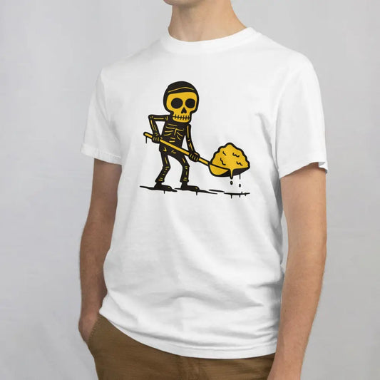 Lumitöissä T-paita valkoinen t-paita karikatyyri-luukkujääkäriä ja keltaista mutaa