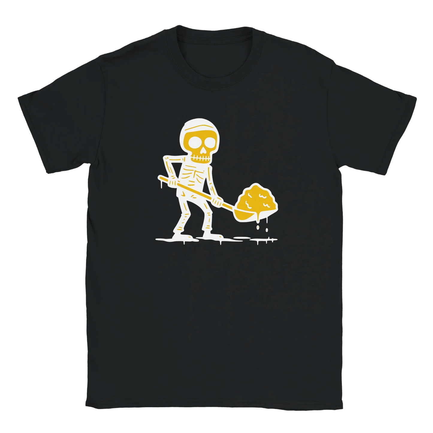 Lumitöissä T-paita musta t-paita cartoon skeleton shoveling yellow goo