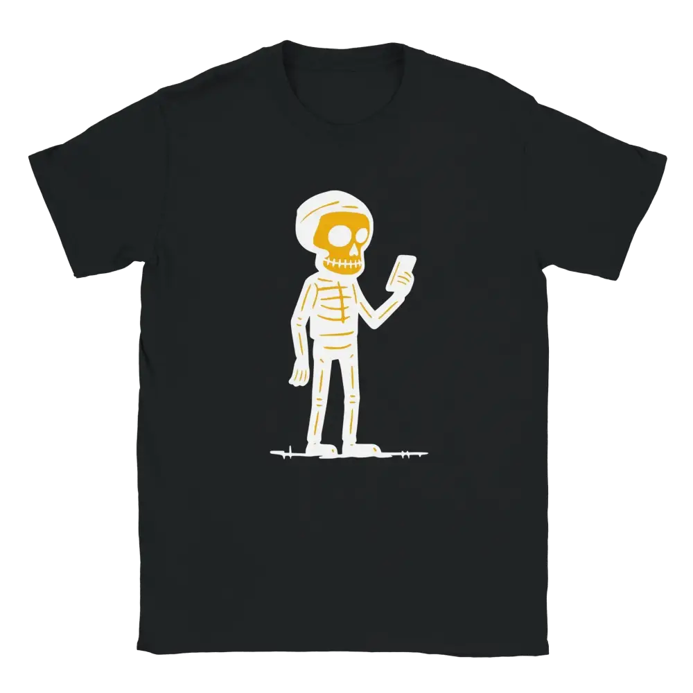 Luuri T-paita mustavalkoinen t-paita luurinskelellä ja puhelimella kuvassa