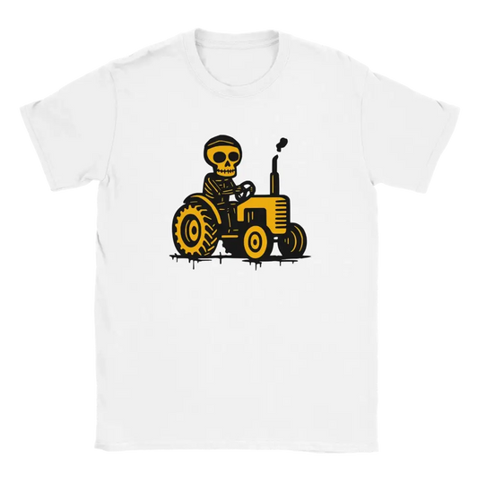 Valkoinen lyhythihainen T-paita Skeletonin ja keltaisen traktorin designilla Maajussi