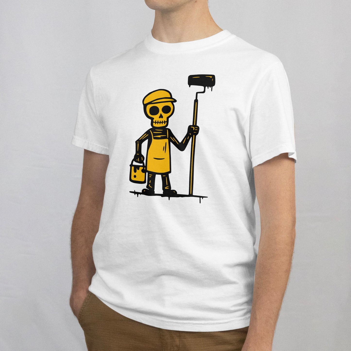 Maalari T-paita valkoinen t-paita cartoon-skeleton-painter grafiikalla