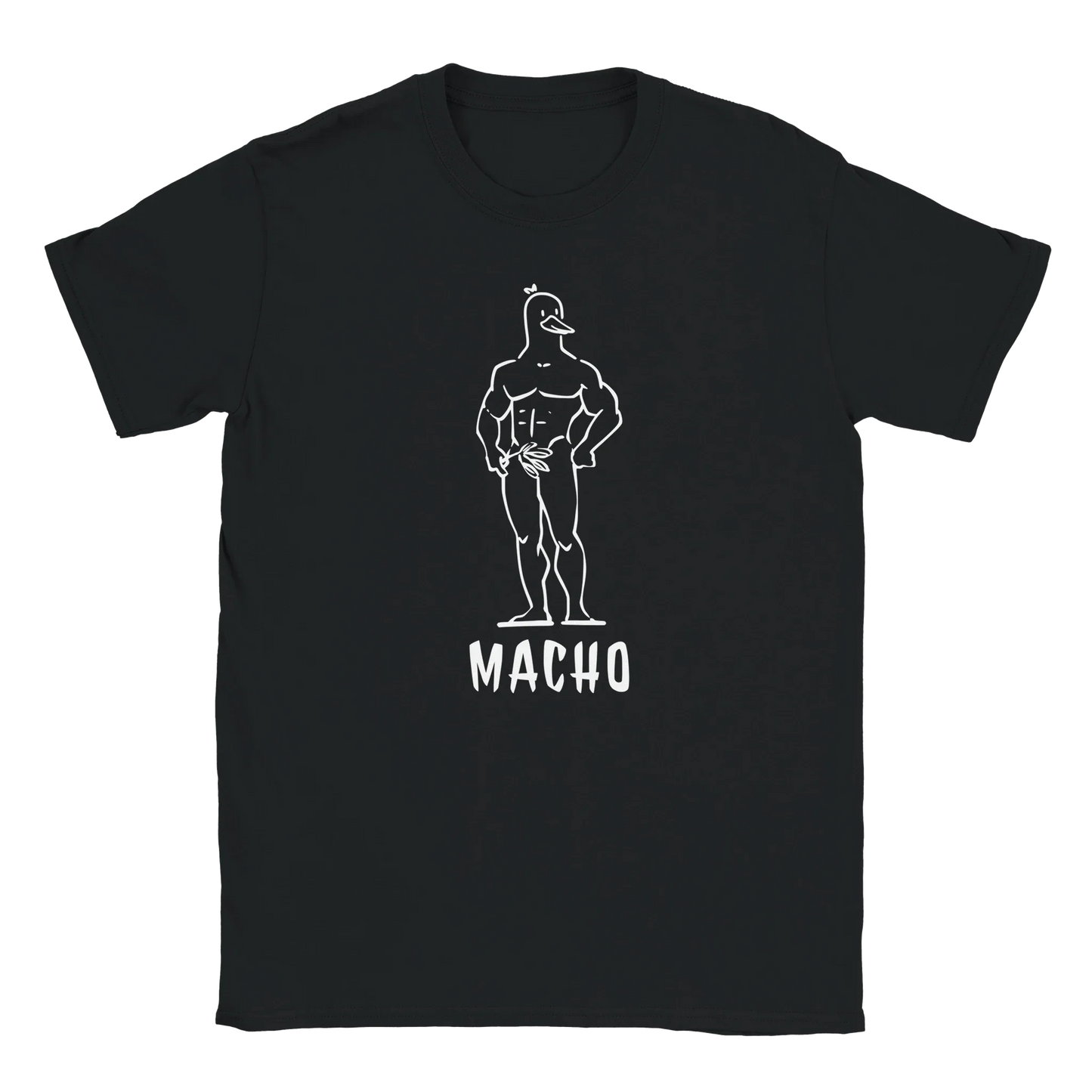 Macho Duck T-paita mustavalkoinen lihaksikas ankka-hahmo ja sana MACHO