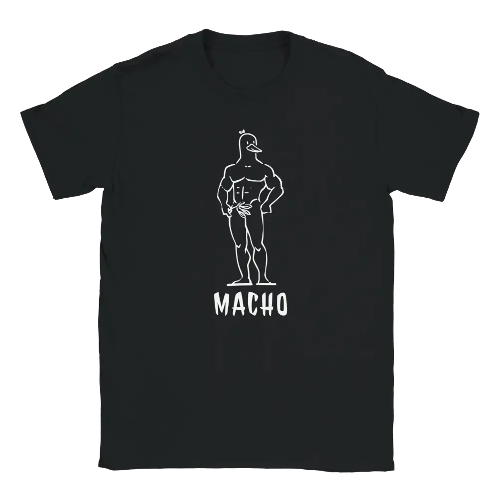 Macho Duck T-paita mustavalkoinen lihaksikas ankka-hahmo ja sana MACHO