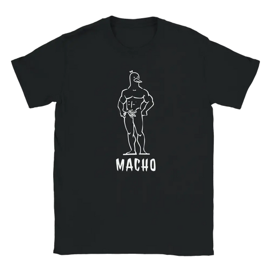 Macho Duck T-paita mustavalkoinen lihaksikas ankka-hahmo ja sana MACHO