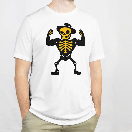 Macho T-paita valkoinen t-paita luuranko hattu, rento ja tyylikäs vaatekappale