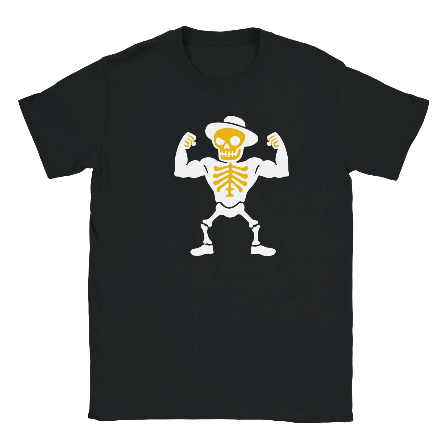 Macho T-paita musta crew neck t-paita skeleton hattu designilla