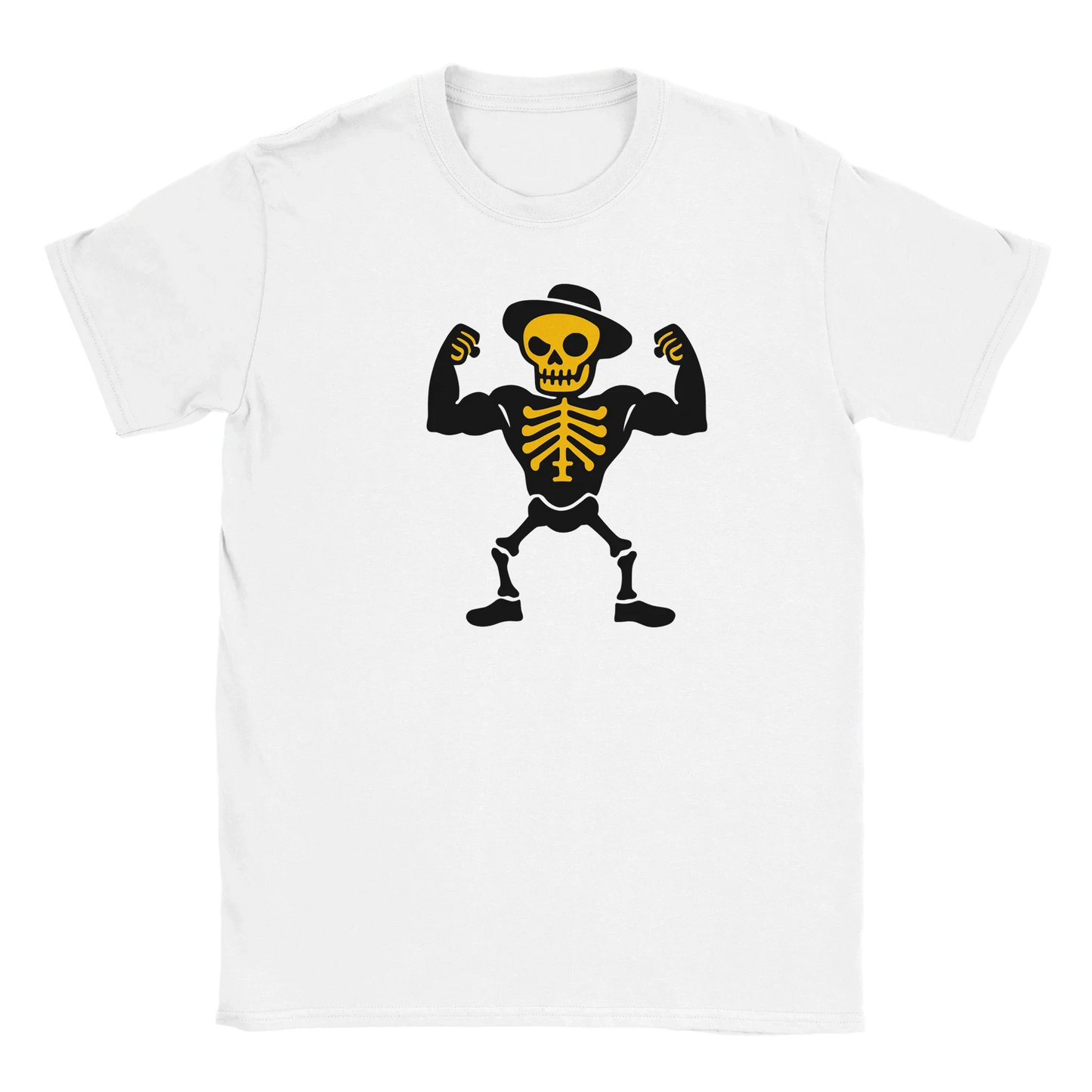 Macho T-paita valkoinen t-paita cartoon-luulla hatulla ja lihaksia esittävältä