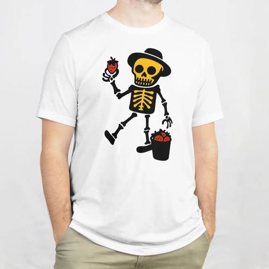 Mansikkapaikka T-paita valkoinen lyhythihainen t-paita luuranko ja mansikat design