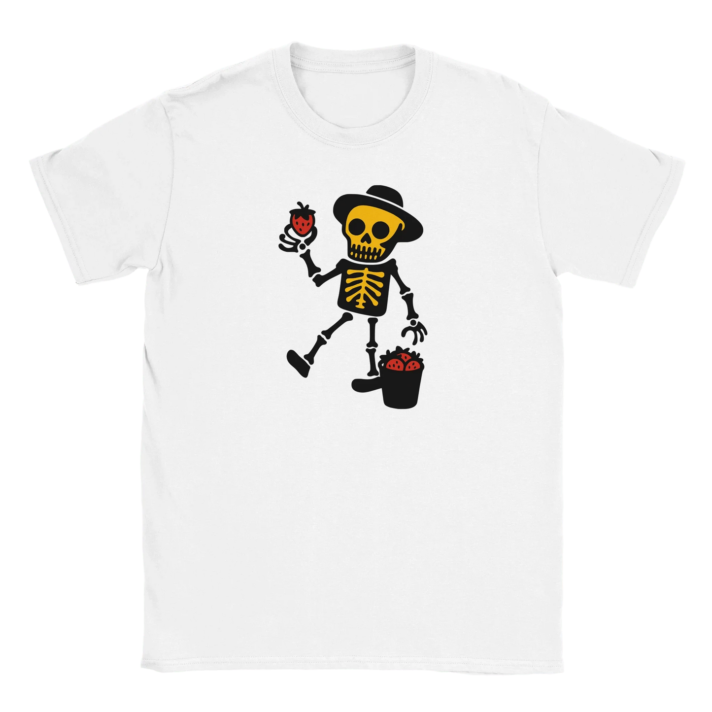 Mansikkapaikka T-paita valkoinen skeleton hattu mansikat bucketiä päällä