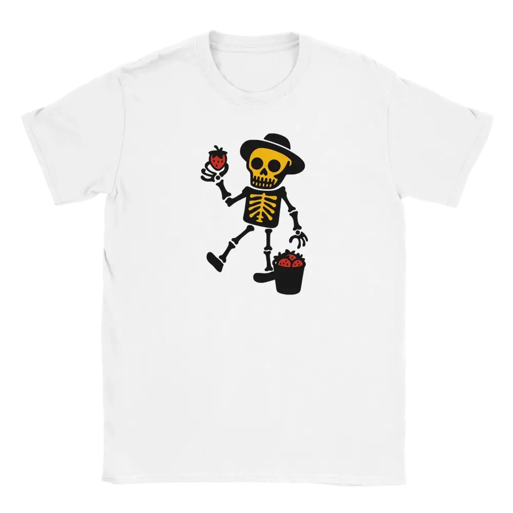 Mansikkapaikka T-paita valkoinen skeleton hattu mansikat bucketiä päällä