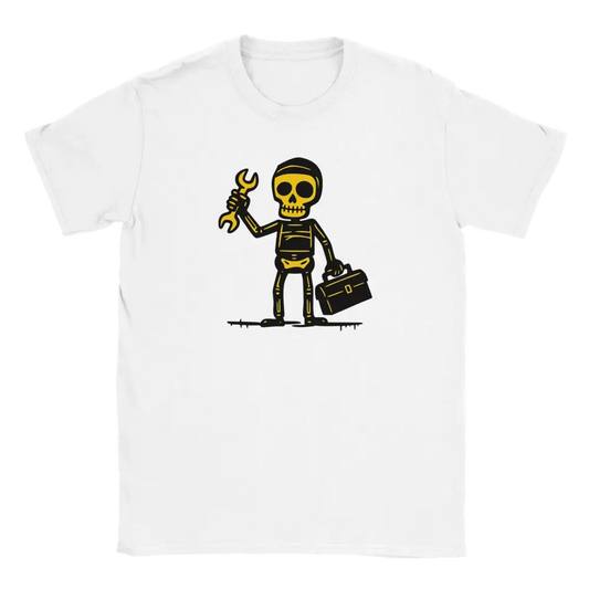 Mekaanikko T-paita valkoinen, cartoon-luurankolaatikko ja työkalut