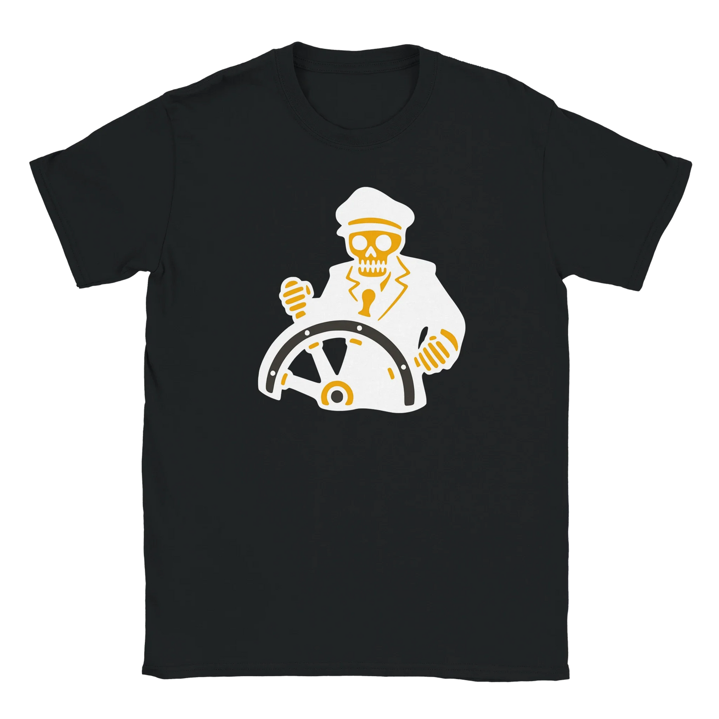 Musta crew neck T-paita Skeleton Captain grafiikalla Merikapteeni-tuotenimellä