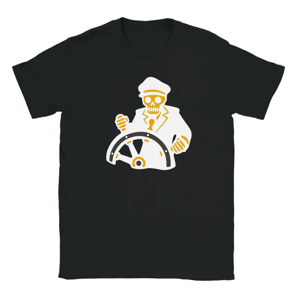 Musta crew neck T-paita Skeleton Captain grafiikalla Merikapteeni-tuotenimellä