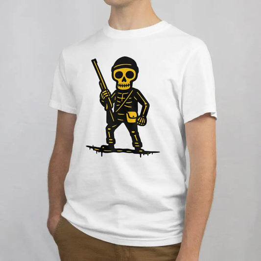 Valkoinen lyhythihainen crewneck T-paita Metsästäjä - T-paita Skeleton ja kiväärikuva