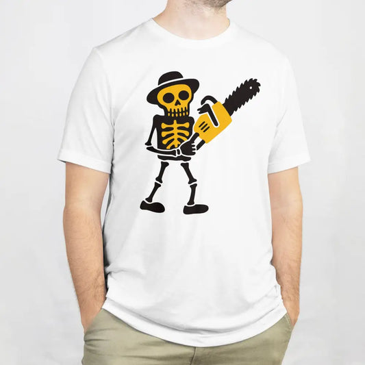 Metsuri T-paita valkoinen T-paita skeleton ja chainsaw grafiikalla