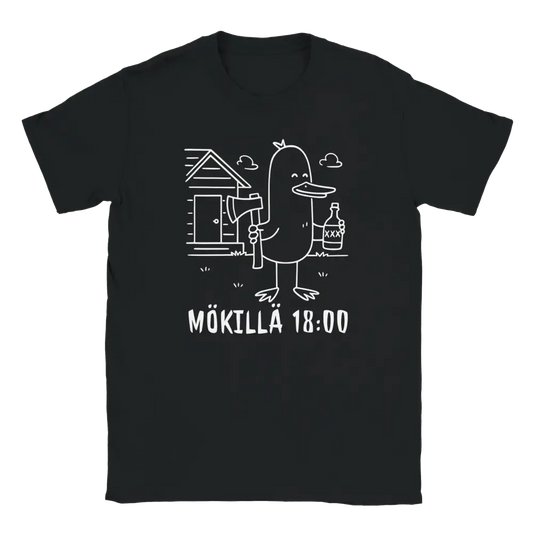 Mustat T-paita with valkoinen ankka, kirves ja pullo, mökki taustalla