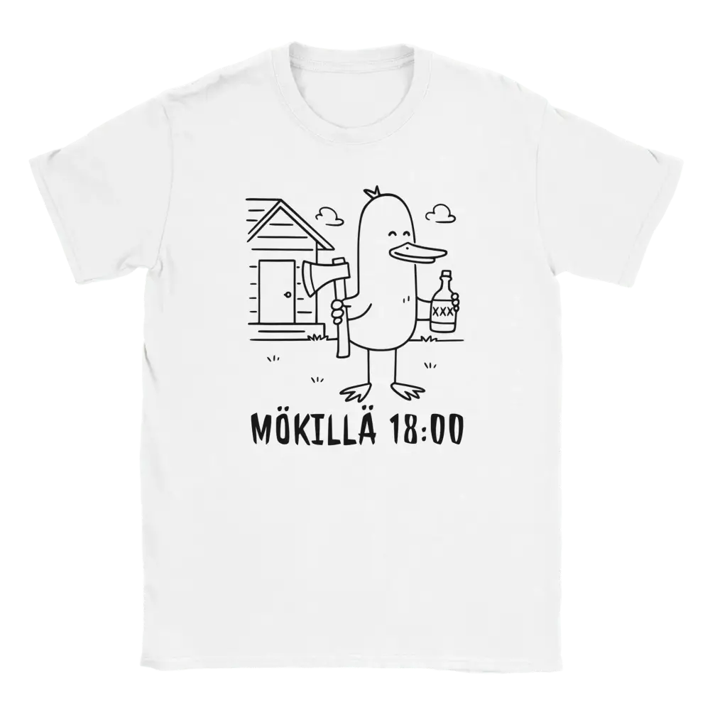 Valkoinen T-paita cartoon-ankka ja kirves ja pullo Mökillä Kello 18:00