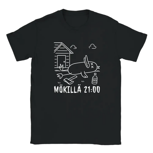 Mökillä kello 21:00 musta t-paita valkoinen graafinen kuvitus jänis, mökki, kirves, pullo alkoholia