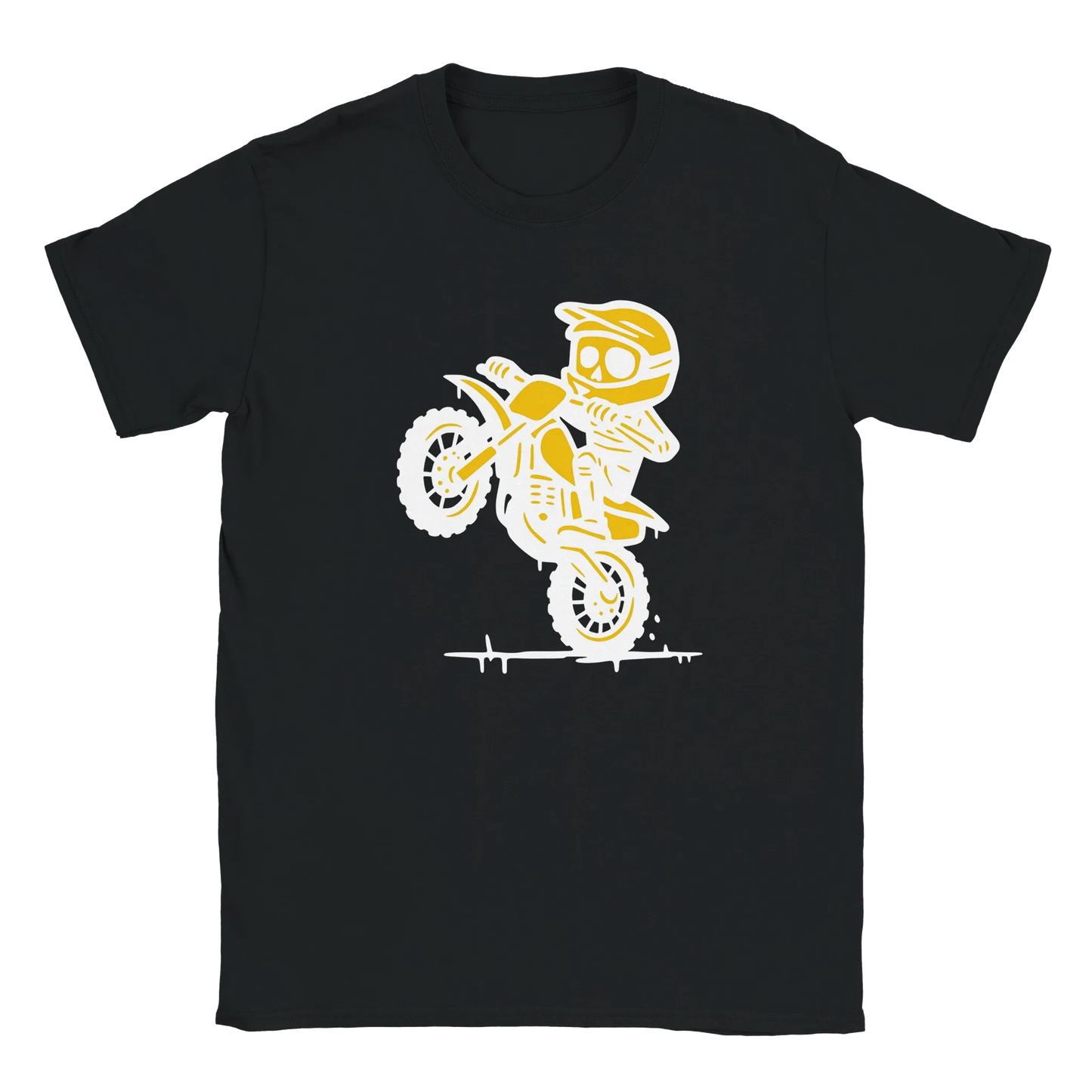 Mopoilija T-paita mustavalkoinen dirt bike -grafiikalla ja keltaisella detaljilla