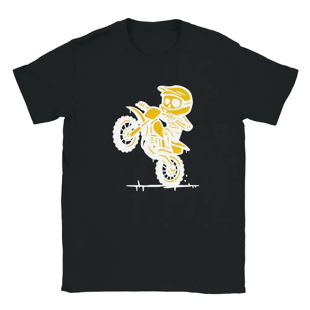 Mopoilija T-paita mustavalkoinen dirt bike -grafiikalla ja keltaisella detaljilla