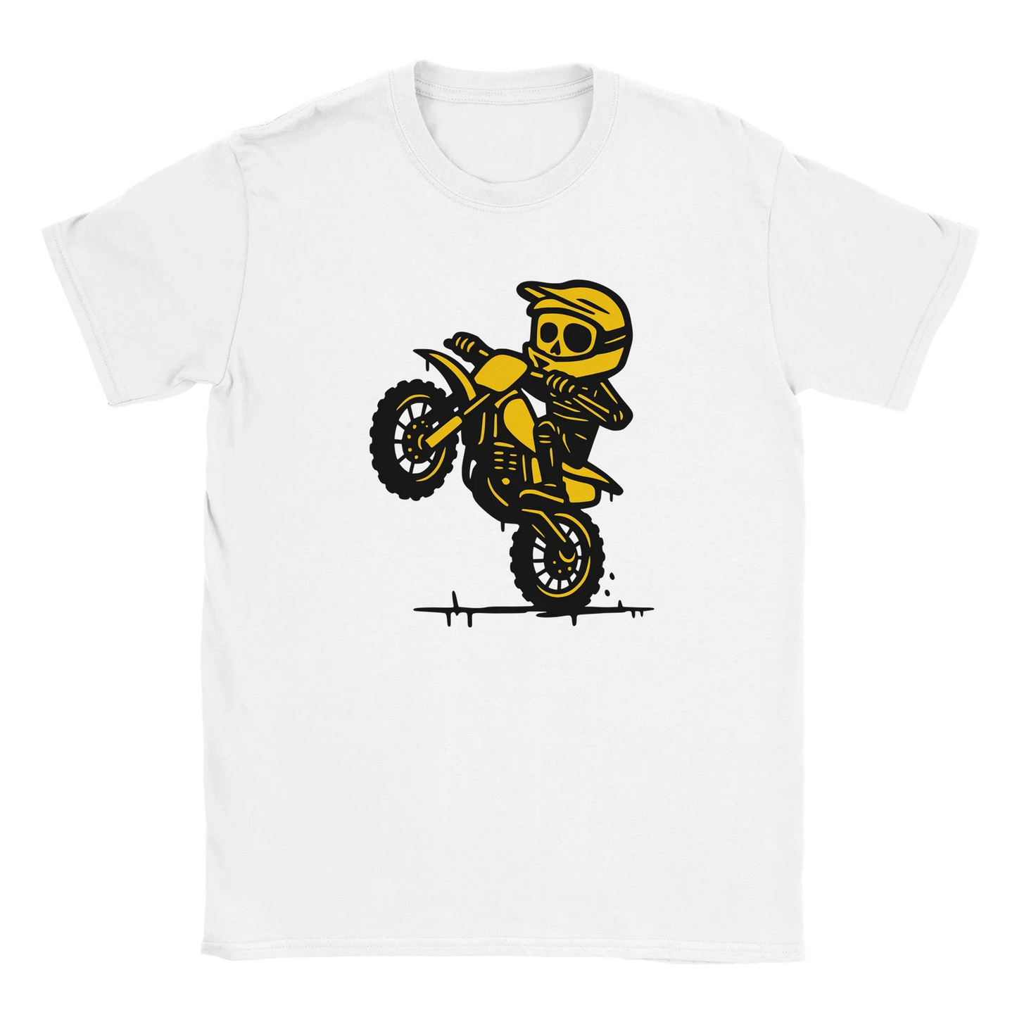 Mopoilija T-paita valkoinen t-paita keltainen skeleti dirt bike -grafiikka