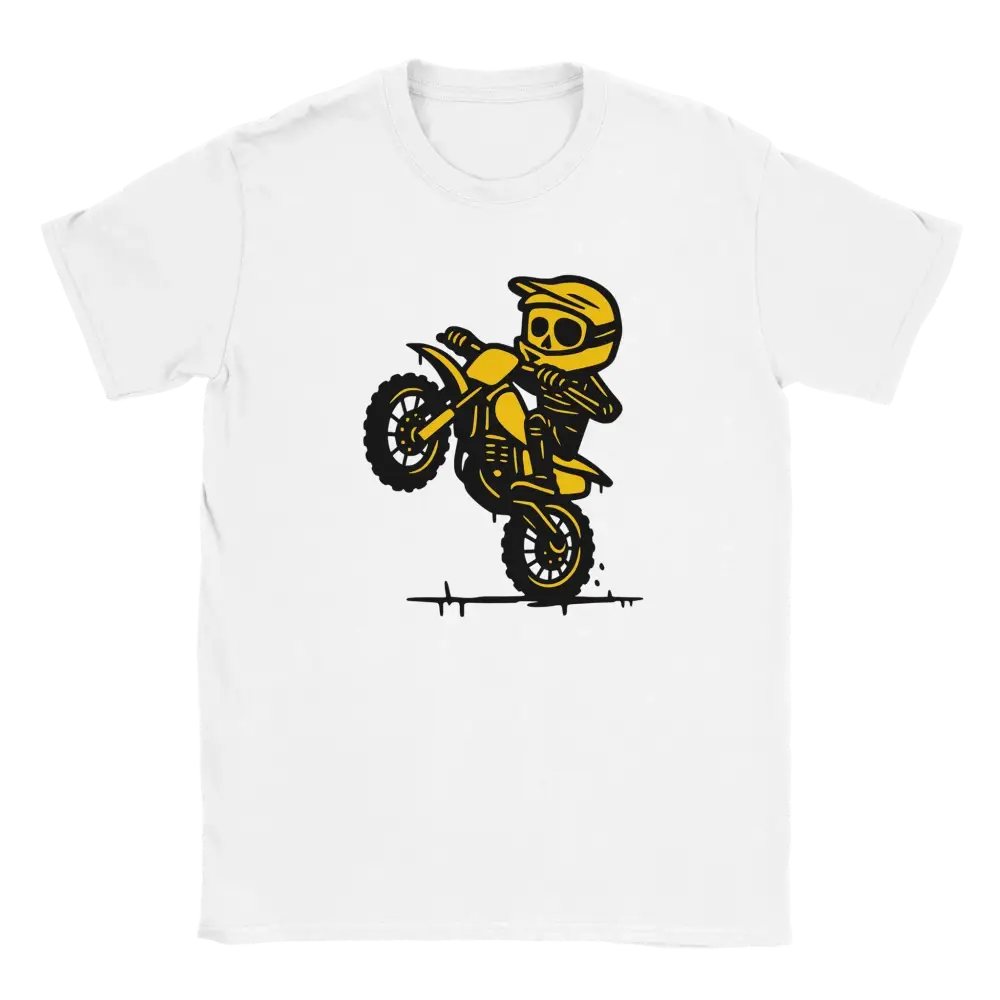 Mopoilija T-paita valkoinen t-paita keltainen skeleti dirt bike -grafiikka
