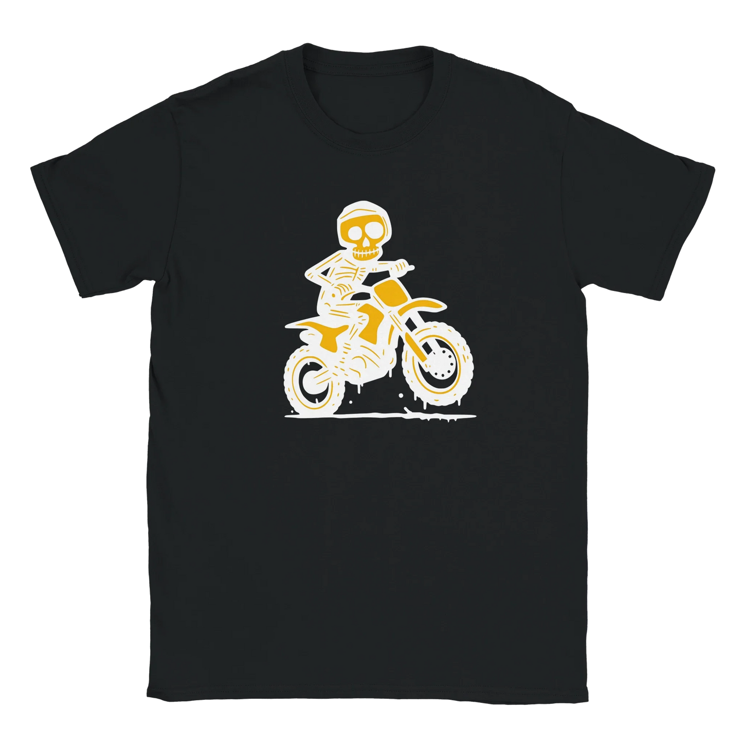 Musta lyhythihainen crewneck T-paita Skeleton riding dirt bike grafiikalla Motocross T-paita