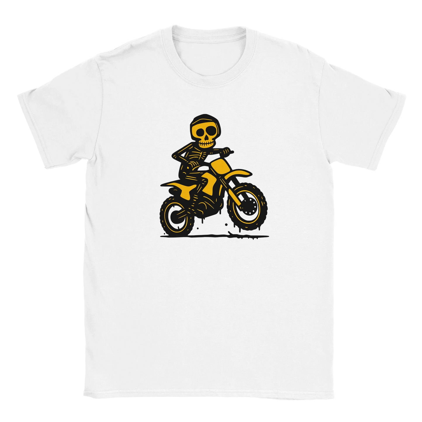 Valkoinen T-paita, jossa keltainen luuranko ajamassa dirt bikeä, Motocross T-paita