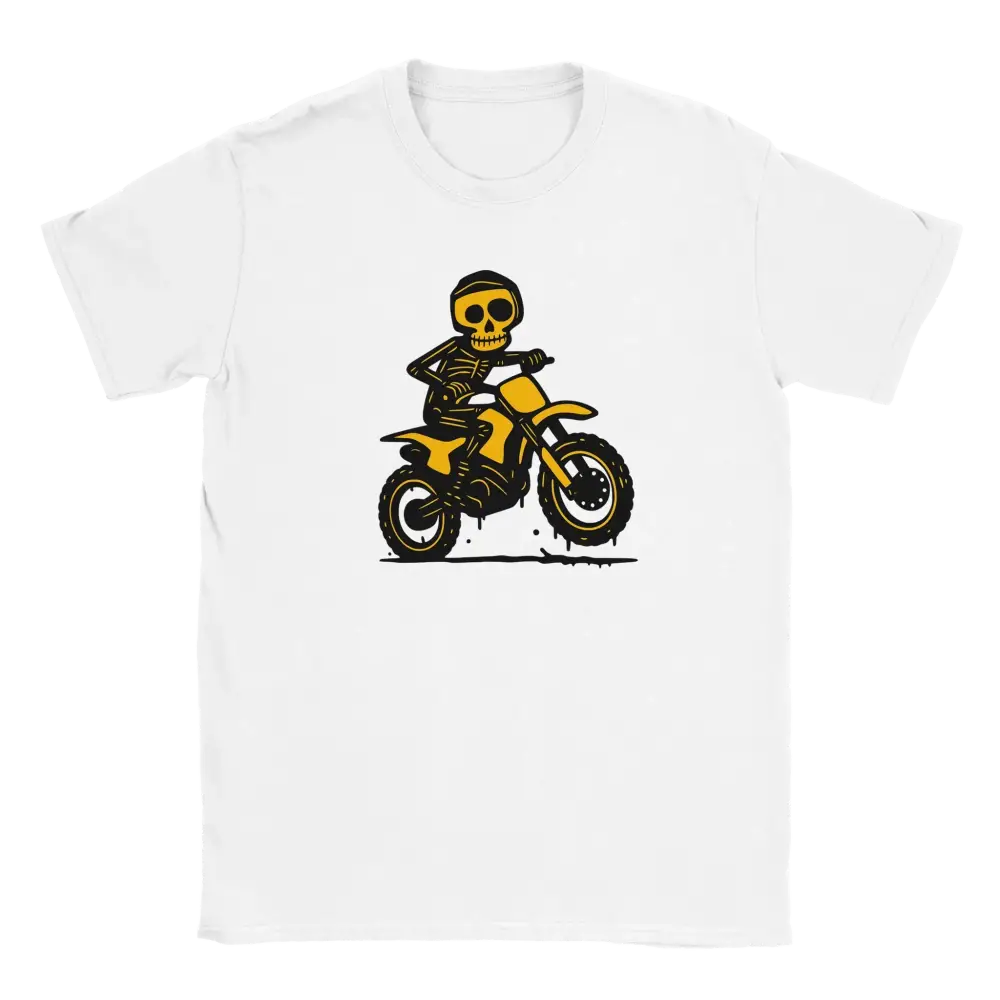 Valkoinen T-paita, jossa keltainen luuranko ajamassa dirt bikeä, Motocross T-paita