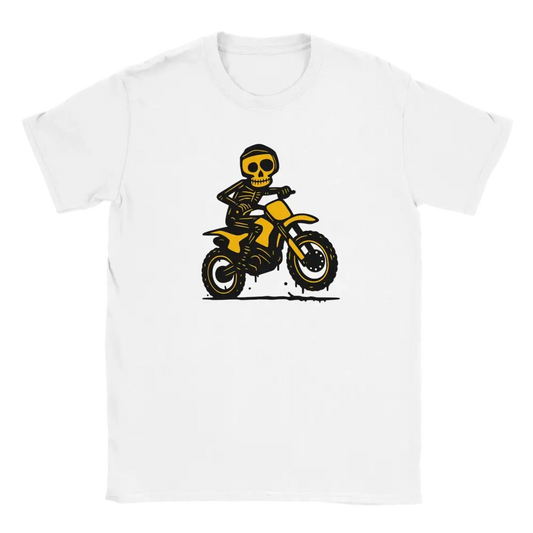 Valkoinen T-paita, jossa keltainen luuranko ajamassa dirt bikeä, Motocross T-paita