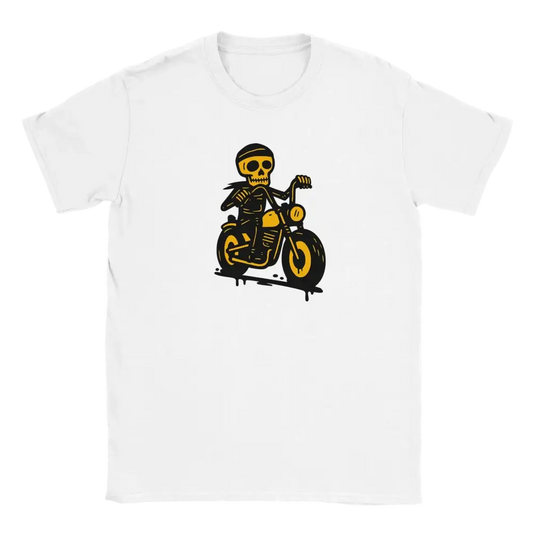 Motoristi T-paita valkoinen lyhythihainen t-paita skeletorilla moottoripyörässä grafiikalla