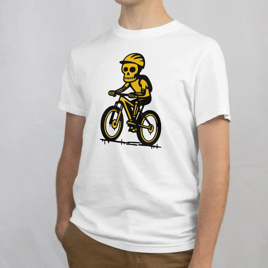 Valkoinen T-paita Skeletoni pyöräilijä design MTB - T-paita