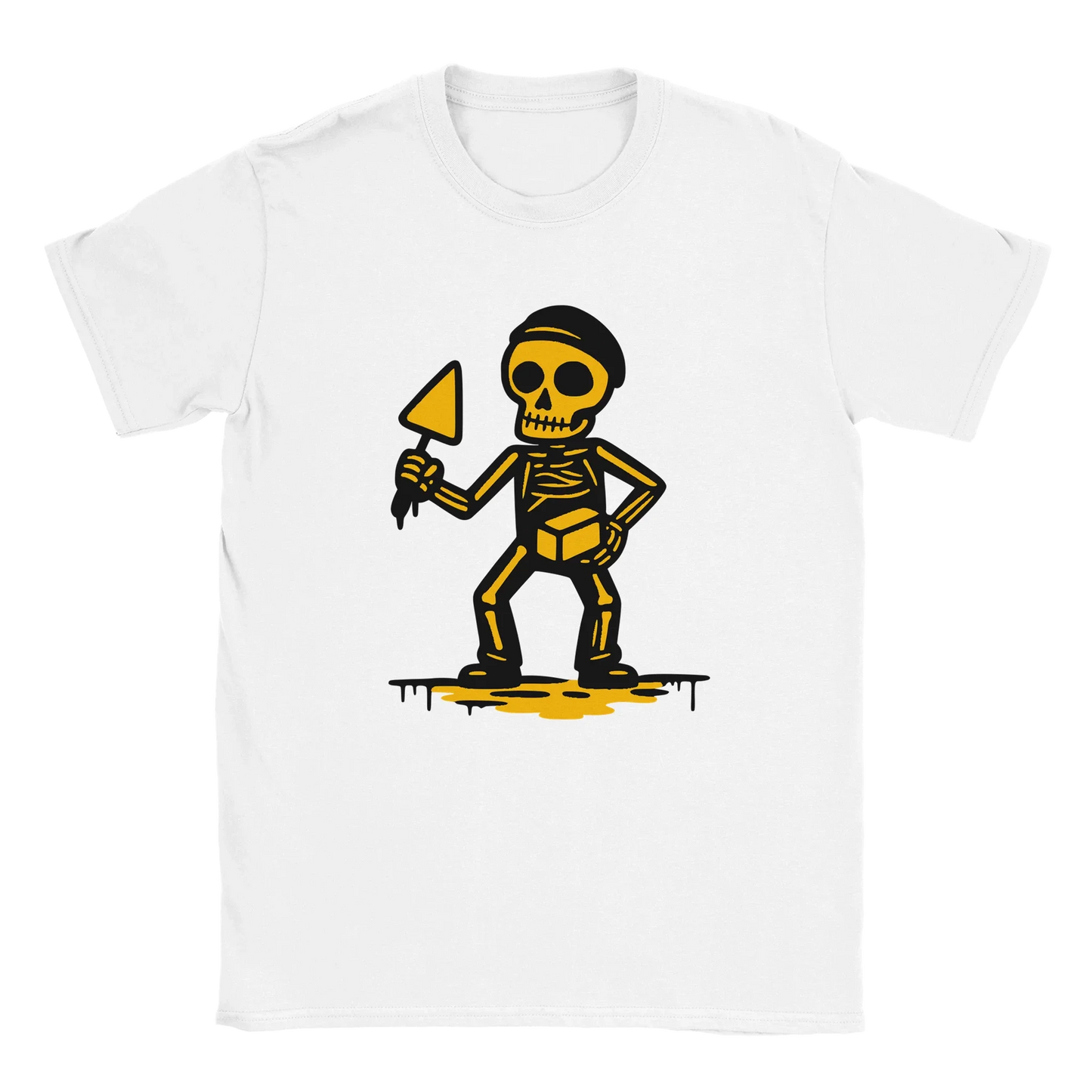 Muurari T-paita valkoinen lyhythihainen crewneck t-paita keltainen luuranko trowel