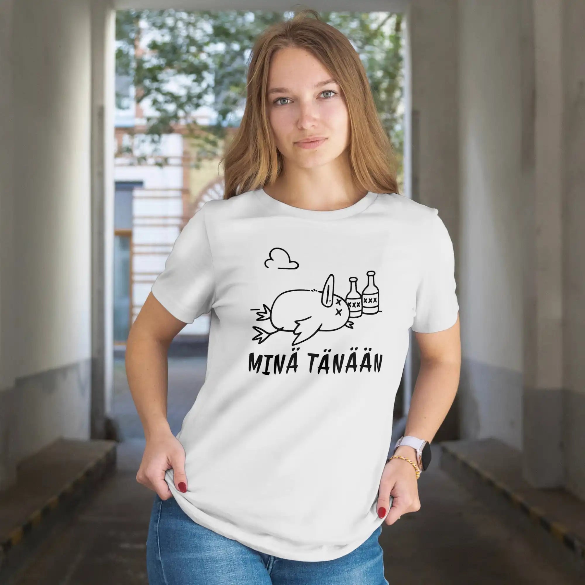 hauska valkoinen t-paita naisille. paidassa hillittyä mustaa huumoria. Verkkokauppa josta löydät hauskoja paitoja miehille ja naisille