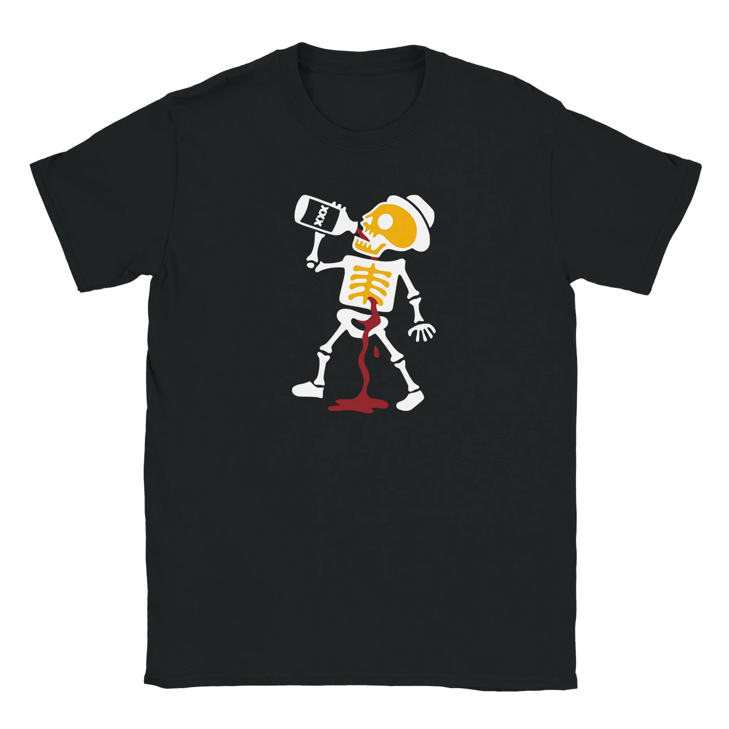 Mustavalkoinen crew-neck T-paita cartoonin luurangosta juomassa pullosta ja vuotaen punaista nestettä