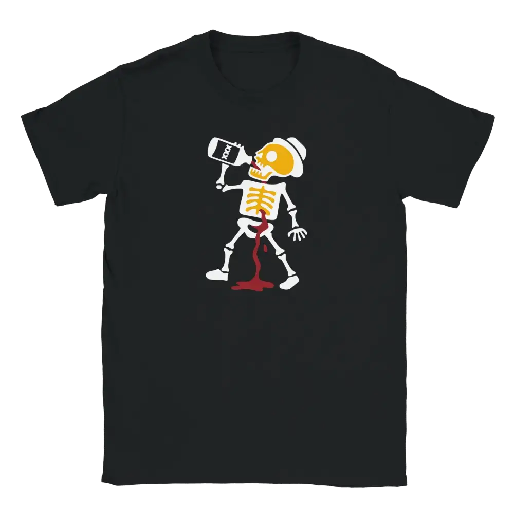 Mustavalkoinen crew-neck T-paita cartoonin luurangosta juomassa pullosta ja vuotaen punaista nestettä