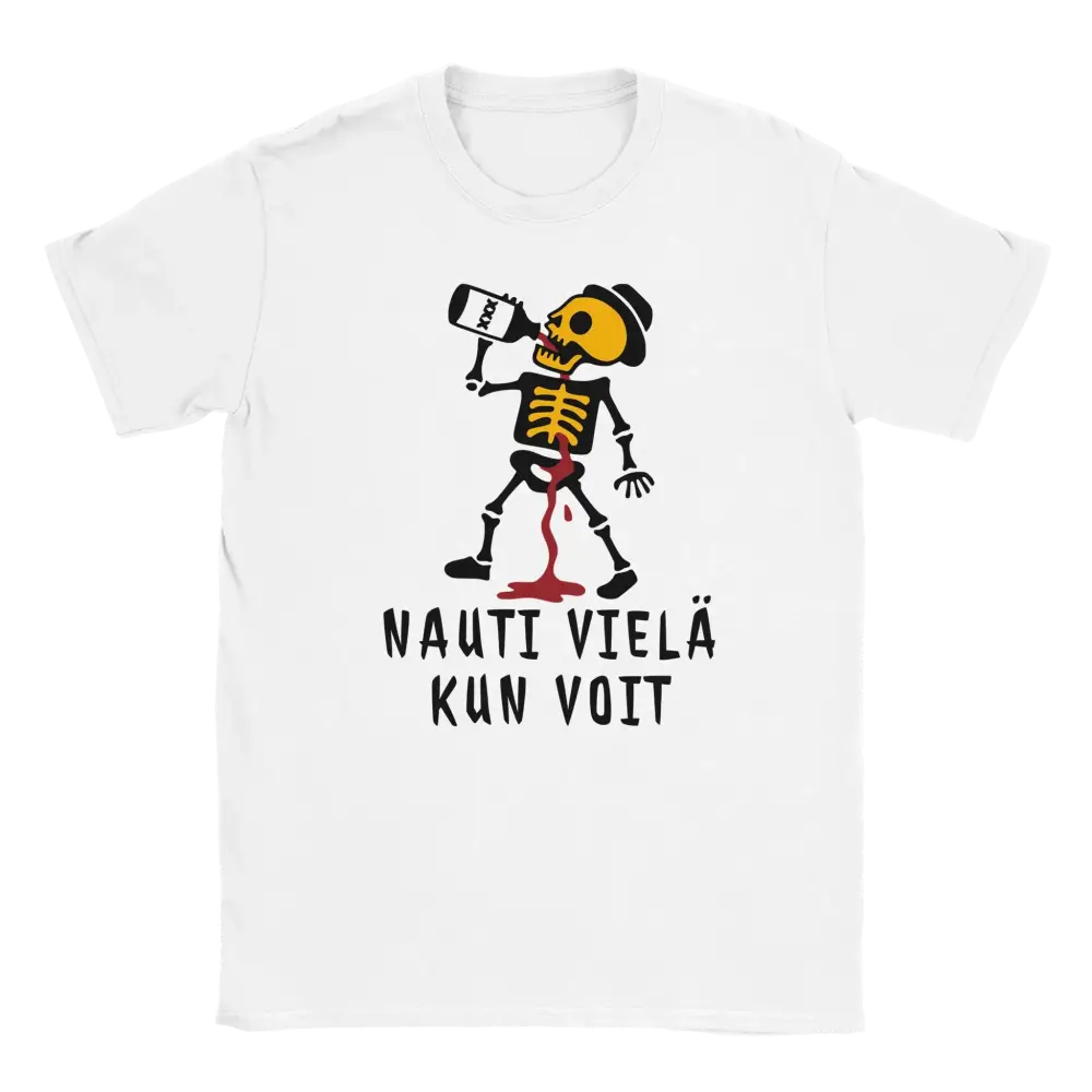 Valkoinen crewneck T-paita luurankografiikalla Nauti Vielä Kun Voit - Tuote