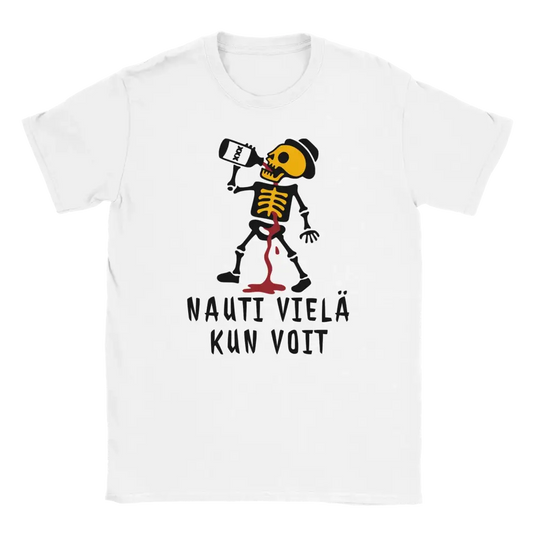 Valkoinen crewneck T-paita luurankografiikalla Nauti Vielä Kun Voit - Tuote