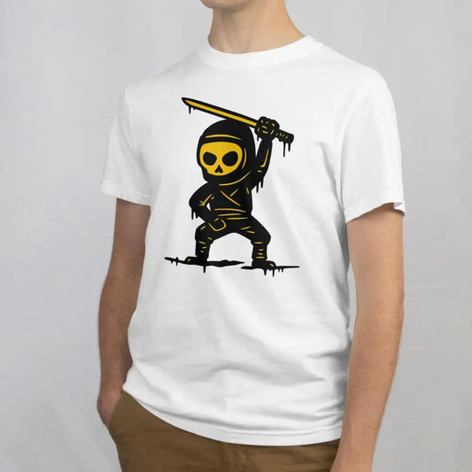 Valkoinen lyhythihainen T-paita Ninja-hahmolla ja miekkalla, tuotekuva Ninja T-paita