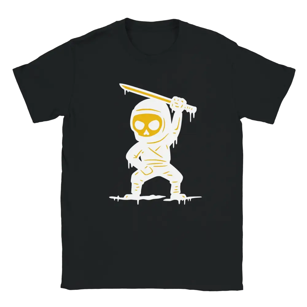 Musta T-paita valkoisella ja kullalla varustetulla Ninja Skeleton -grafiikalla